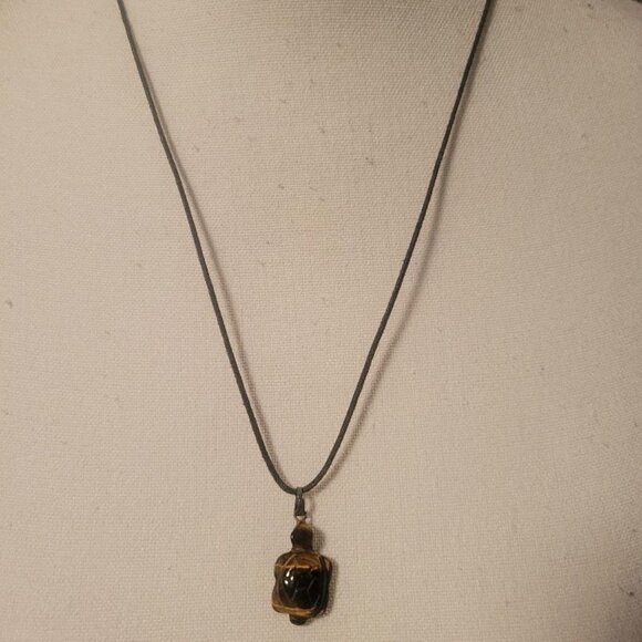 Adorable Hand-Carved Tiger's Eye Turtle Pendant on an Adjustable Cord Necklace - Picture 2 of 4